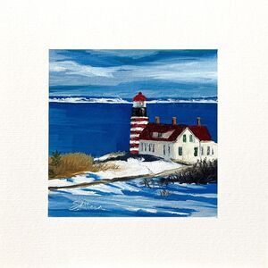 8x8 Maine Original Oil Painting West Quoddy Head Lighthouse New England Signed